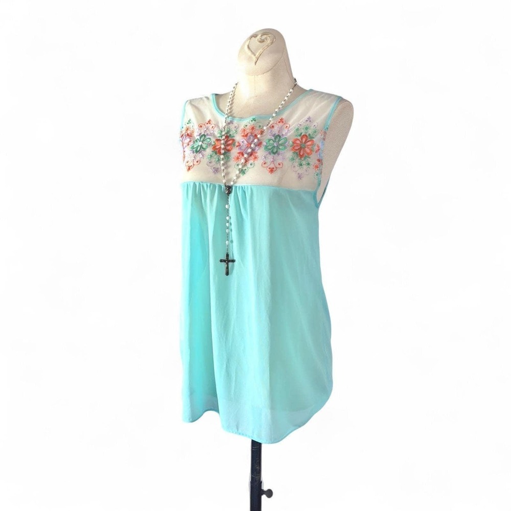 Vintage 1960s Blue Floral Embroidered Chiffon Babydoll Nightie Small - Picture 6 of 8